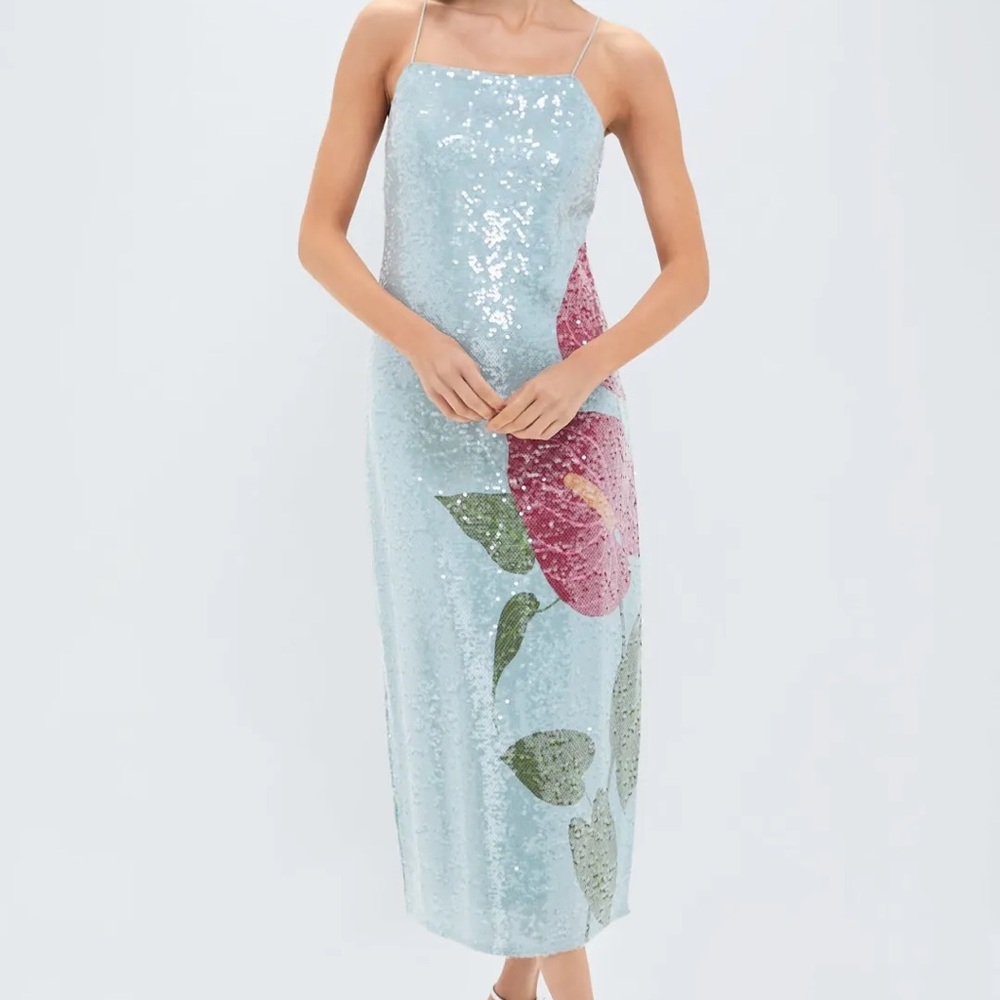 FARM Rio Anthurium Flowers Sequined Slip Dress Midi Dress in Light Blue and Pink